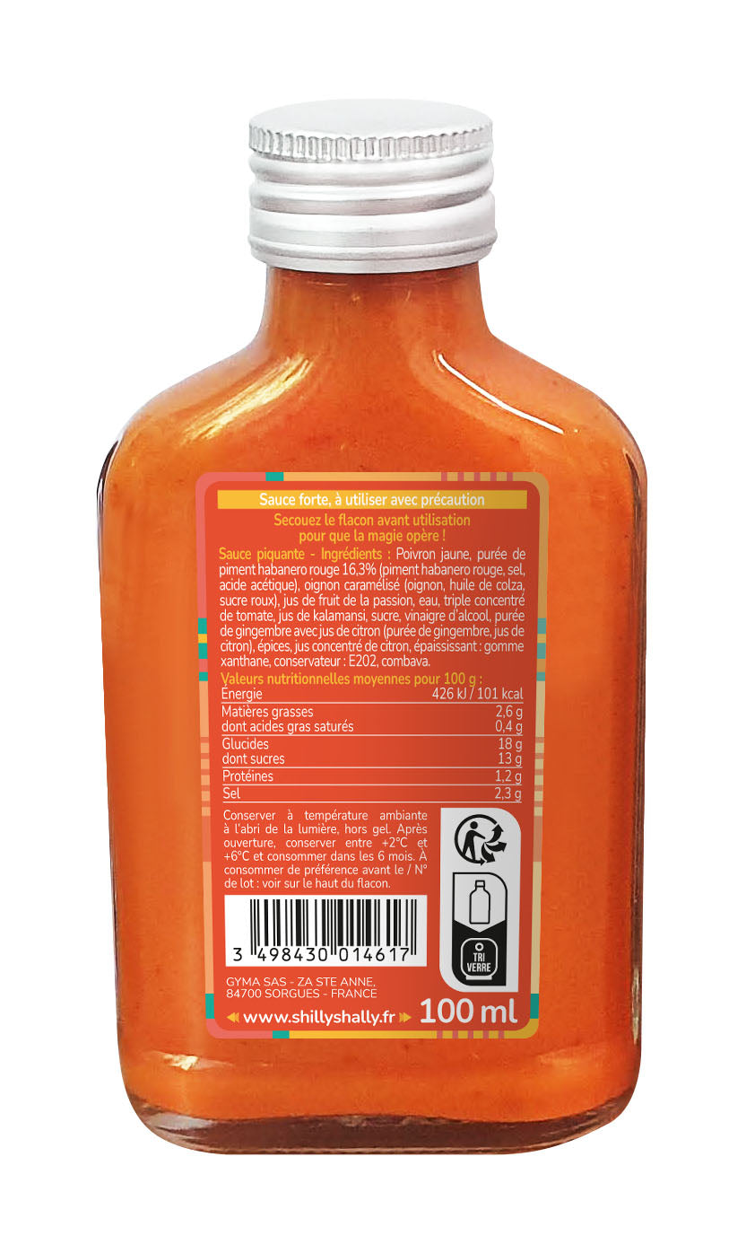 Sauce réunionnaises Shilly Shally aux notes de rougail : tomate, ail, gingembre et un zeste de passion.